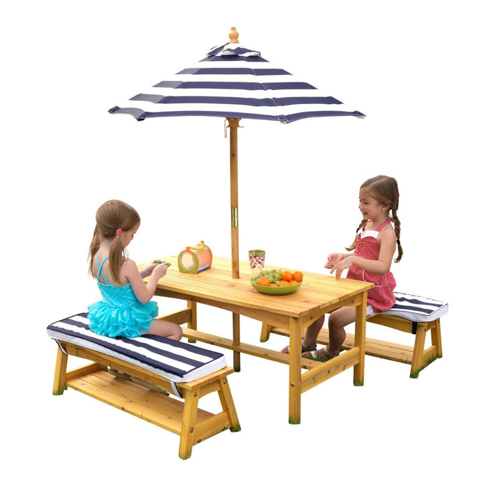 Kidkraft Outdoor Table Bench Set With Cushions Umbrella Navy White Stripes