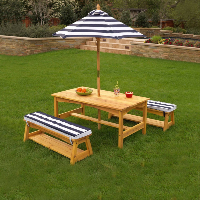 Kidkraft Outdoor Table Bench Set With Cushions Umbrella Navy White Stripes