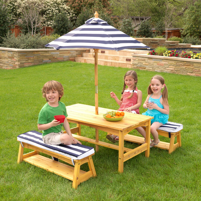 Kidkraft Outdoor Table Bench Set With Cushions Umbrella Navy White Stripes