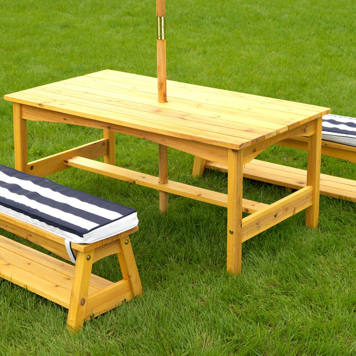 Kidkraft Outdoor Table Bench Set With Cushions Umbrella Navy White Stripes